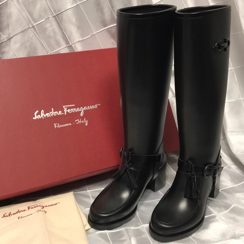 Salvatore Ferragamo Black Claro knee rain boots